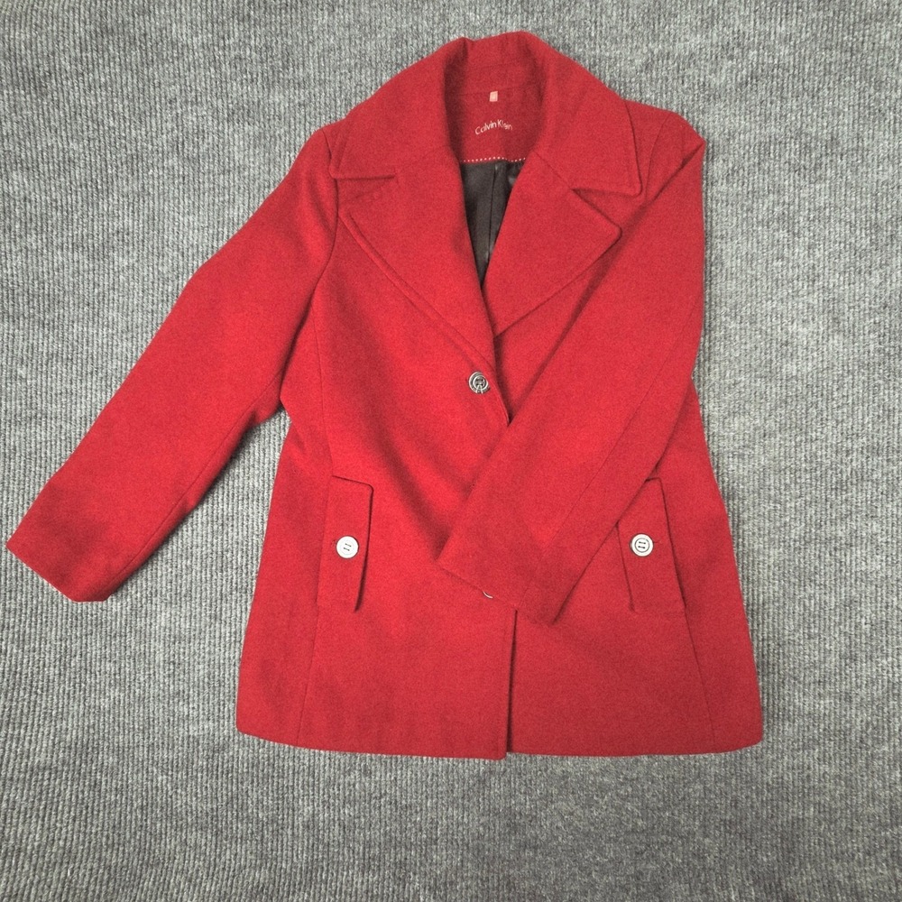 Calvin Klein Women Red Wool Blend Button Front Blazer Coat Jacket Size 18